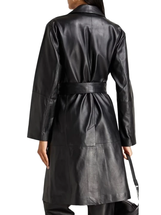 Belted Black Full Length Leather Coat
