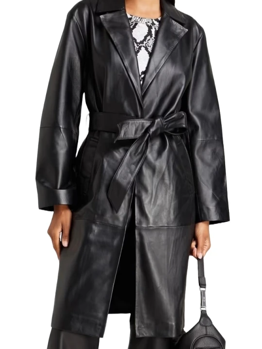 Belted Black Full Length Leather Coat
