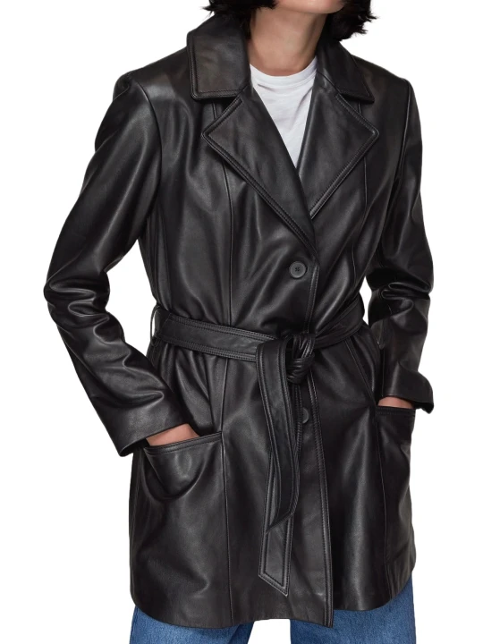 Belted Black Leather Coat