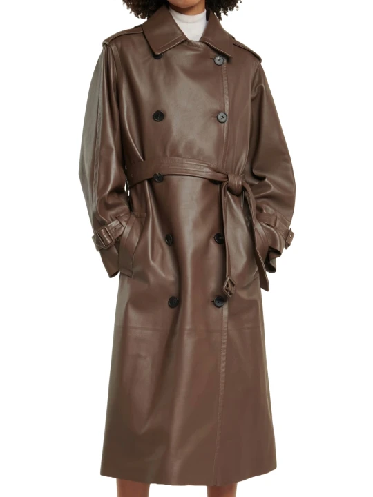 Belted Brown Leather Trench Coat