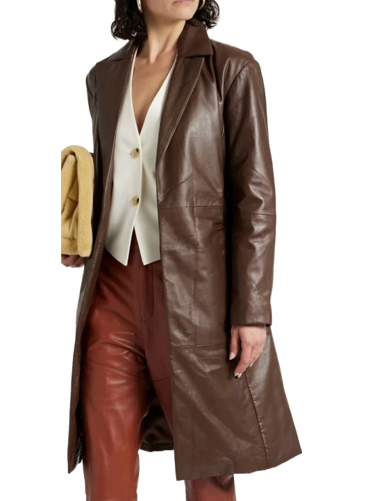 Belted Brown Leather Coat Women