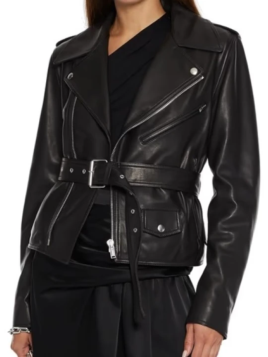 Black Belted Leather Biker Jacket