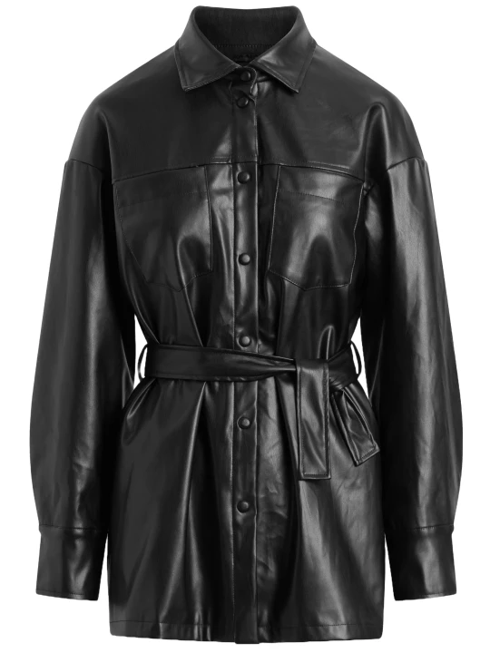 Black Down Collar Leather Coat