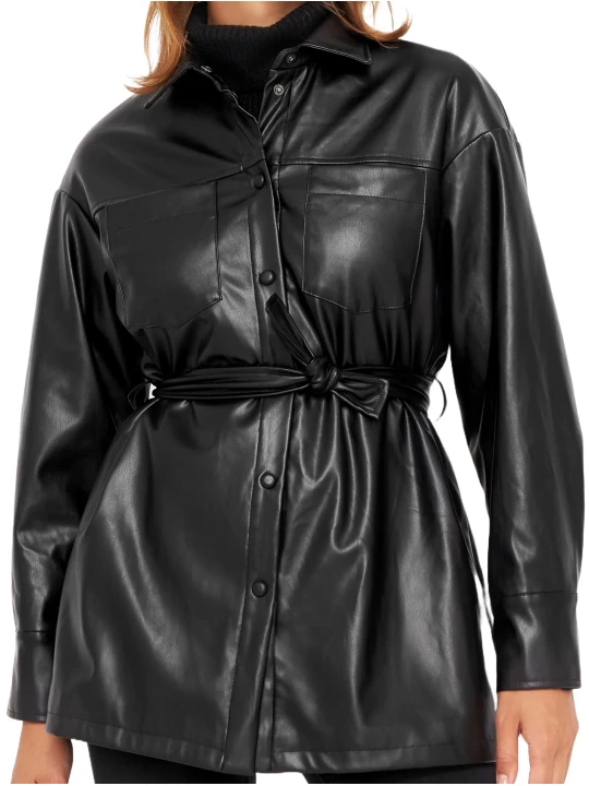 Black Down Collar Leather Coat