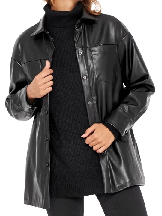 Black Down Collar Leather Coat