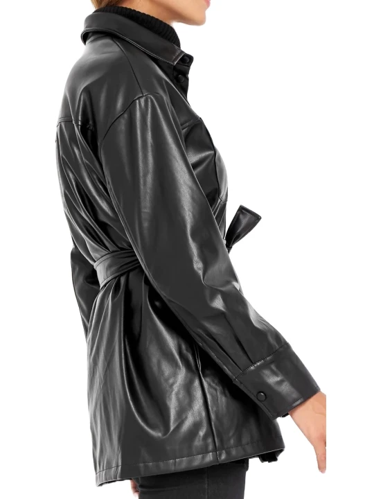 Black Down Collar Leather Coat