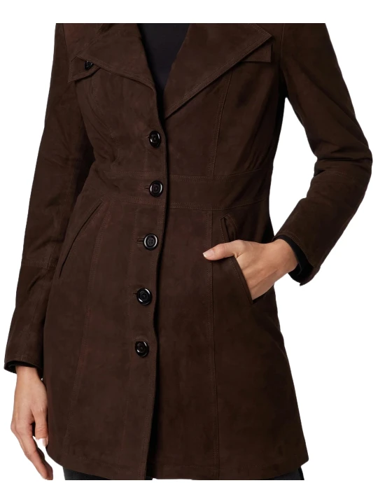 Brown Suede Leather Trench Coat For Ladies