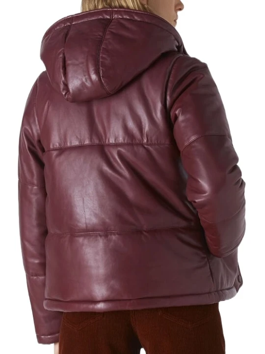 Burgundy Leather Puffer Coat