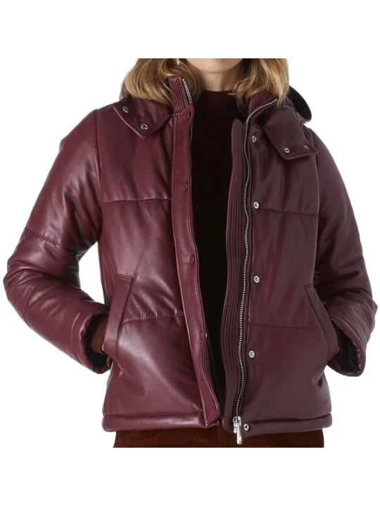 Burgundy Leather Puffer Coat