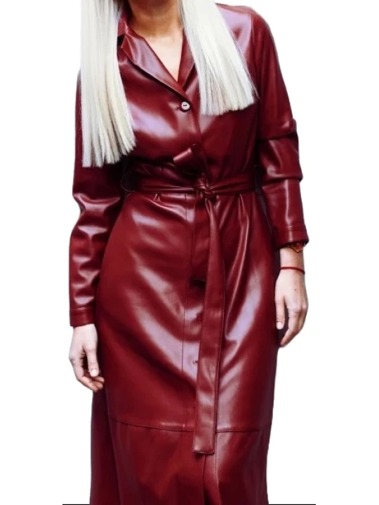 Burgundy Single Breasted Leather Trench Coat