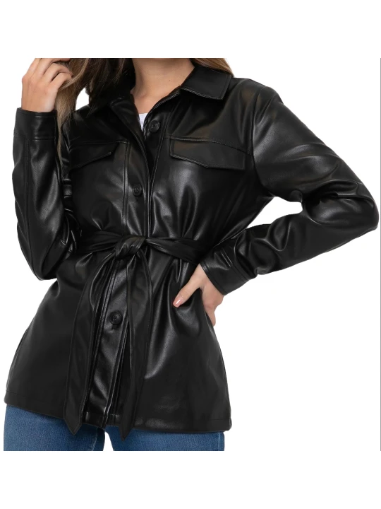Button Up Plain Black Leather Coat