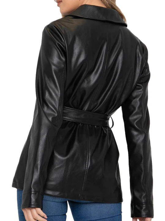Button Up Plain Black Leather Coat