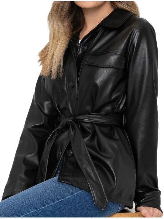 Button Up Plain Black Leather Coat