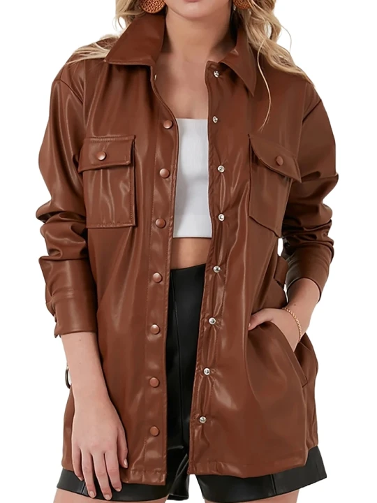 Brown Leather Women Coat