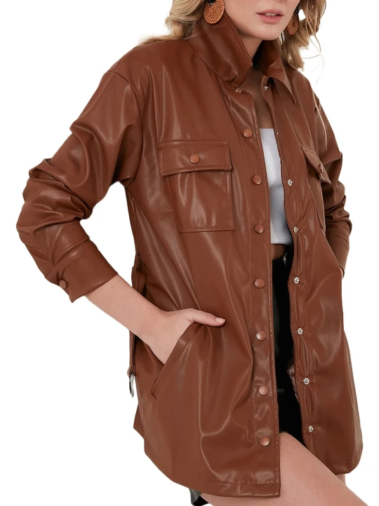 Brown Leather Women Coat