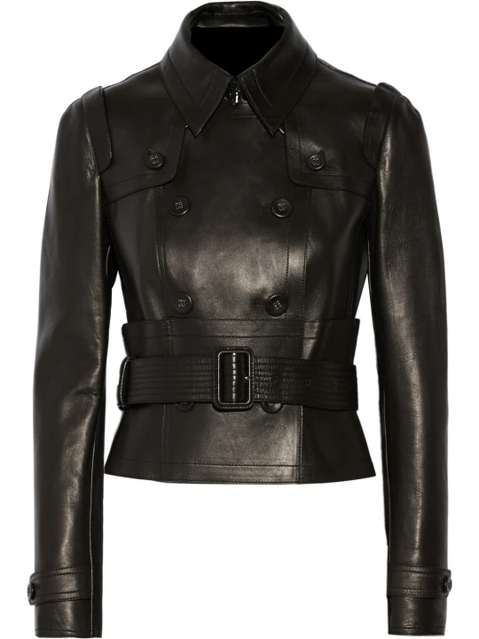 Classic Double Breast Belted Leather Coat