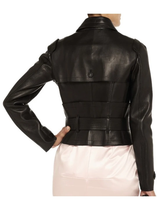 Classic Double Breast Belted Leather Coat