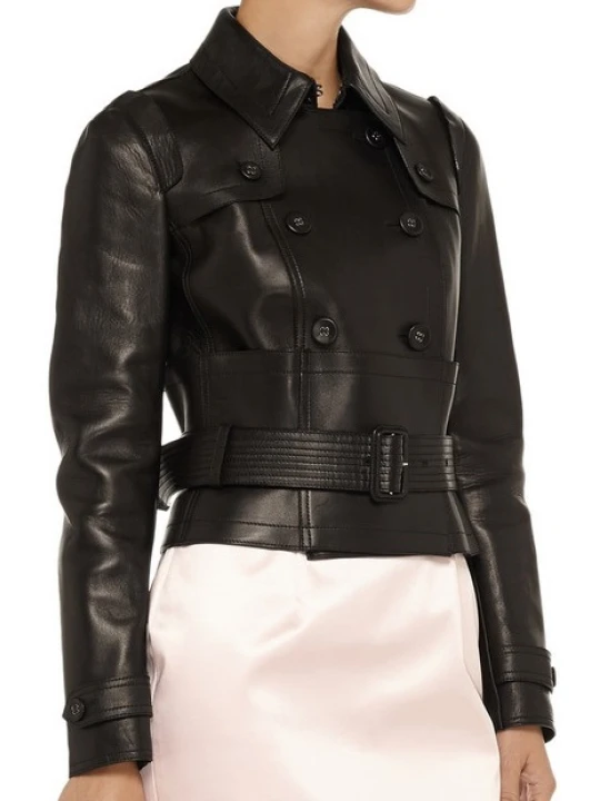 Classic Double Breast Belted Leather Coat