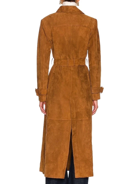 Cognac Suede Long Leather Trench Coat