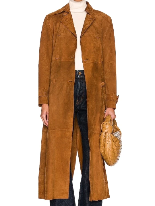Cognac Suede Long Leather Trench Coat
