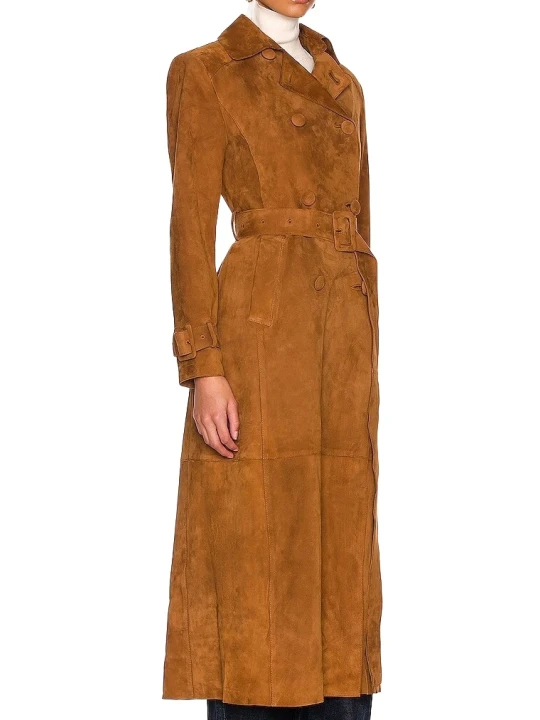 Cognac Suede Long Leather Trench Coat