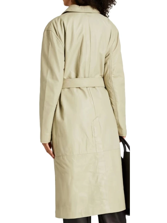Cream Belted Leather Jacket Coat Female