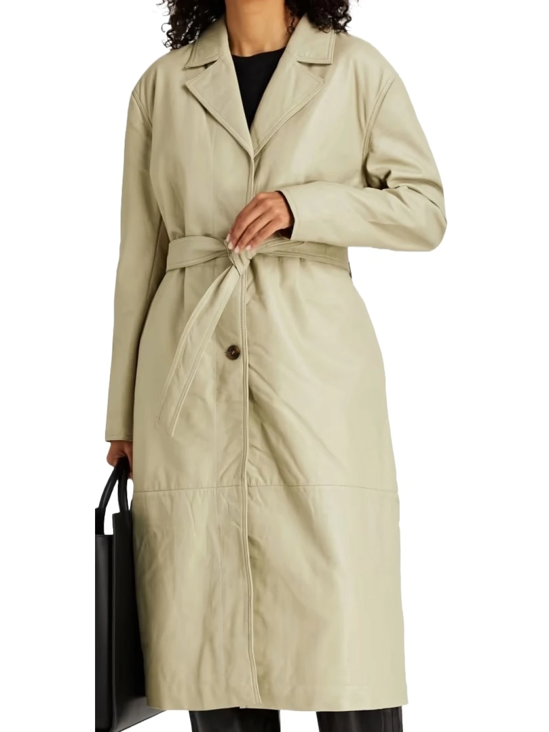 Cream Belted Leather Jacket Coat Female