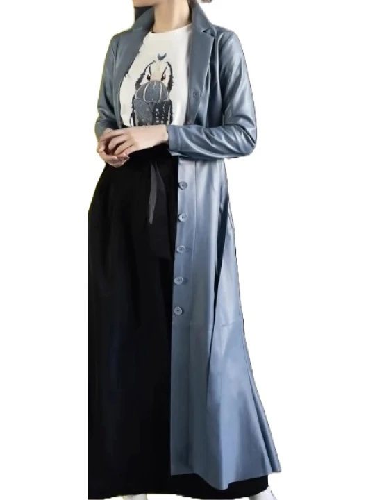 Custom Blue Button Up Leather Coat