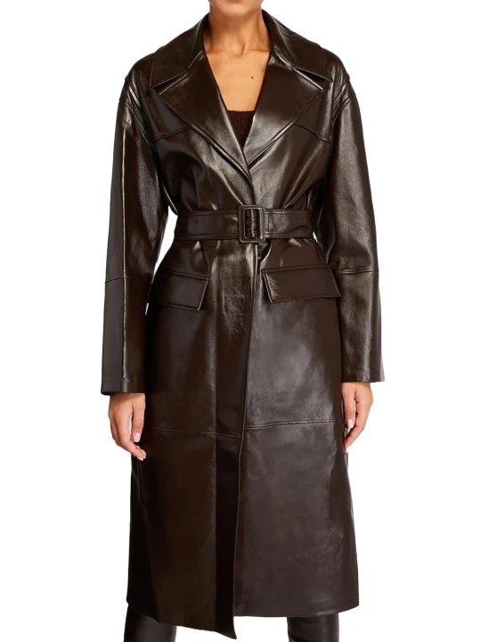 Dark Brown Belted Leather Coat With Pocket