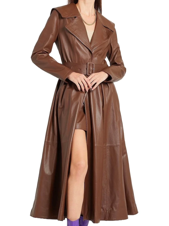 Brown Long Sleeved Leather Trench Coat Brown Long Sleeved Leather Trench Coat