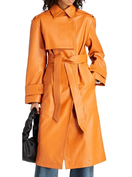 Designer Orange Leather Jacket Coat