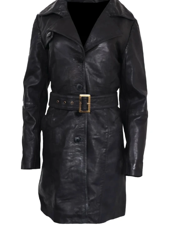 Genuine Black Leather Trench Coat