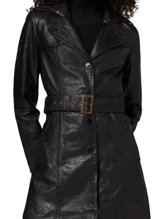 Genuine Black Leather Trench Coat