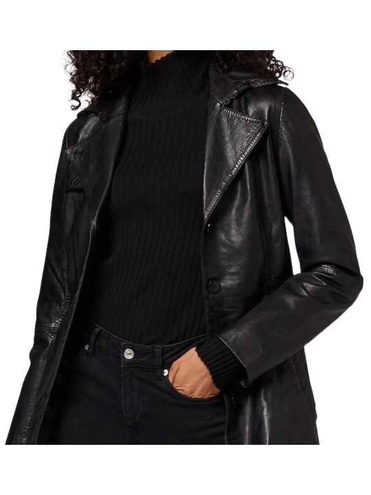 Genuine Black Leather Trench Coat