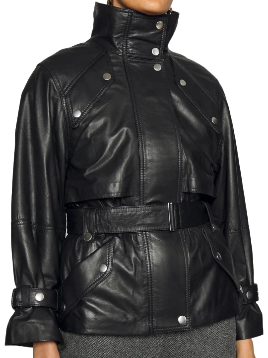 Genuine Leather Coat With Stand Collar