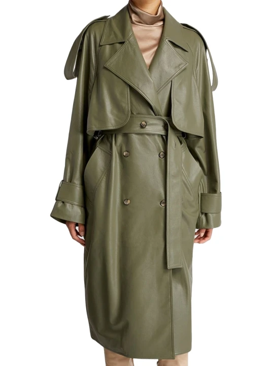 Dark Brown Leather Trench Coat With Belt