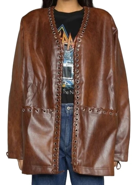 Lace Up Brown Real Leather Coat