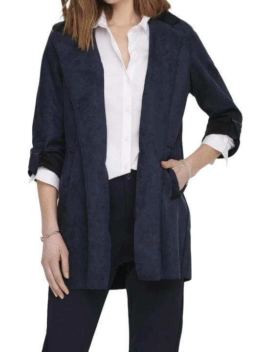 Open Front Navy Blue Suede Leather Long Coat