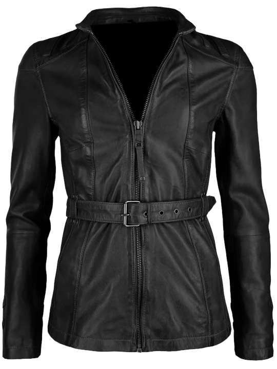 Plain Black Leather Belted Coat