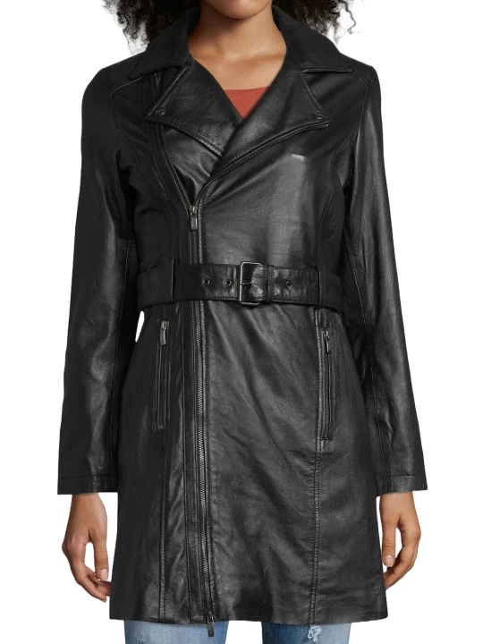 Plain Real Belted Leather Coat