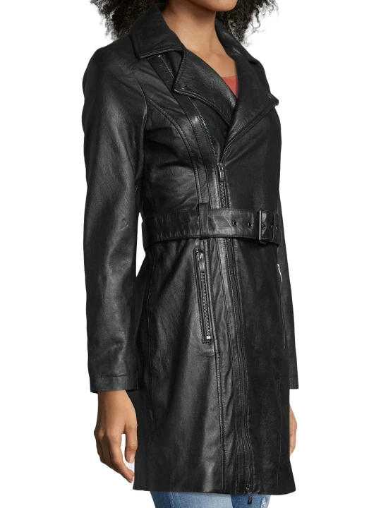 Plain Real Belted Leather Coat