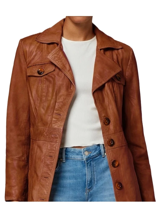 Real Cognac Leather Trench Coat