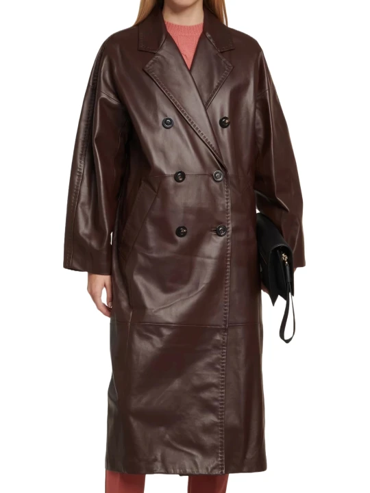 Real Dark Brown Double Breasted Leather Coat
