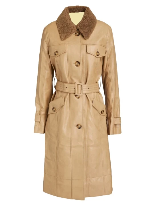 Shearling Beige Front Button Long Leather Coat