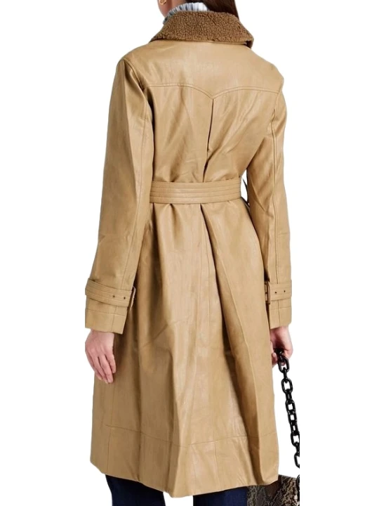 Shearling Beige Front Button Long Leather Coat