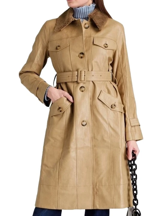Shearling Beige Front Button Long Leather Coat