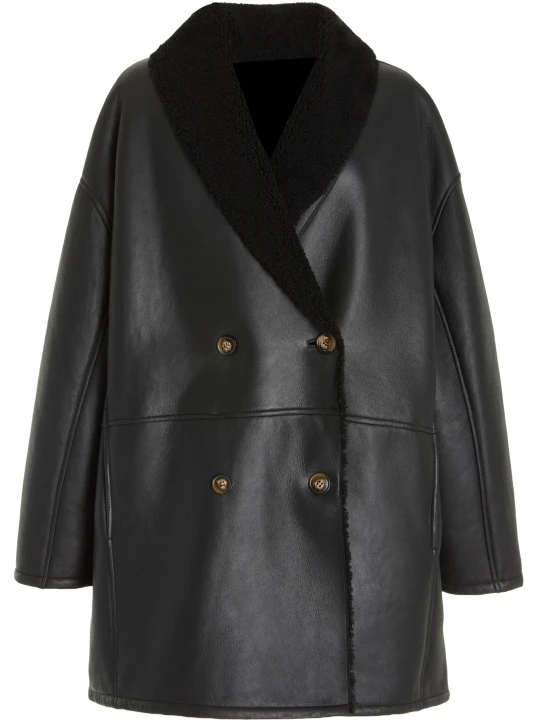 Shearling Lined Black Leather Coat