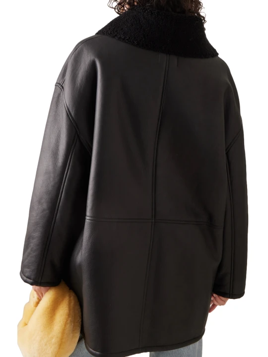 Shearling Lined Black Leather Coat