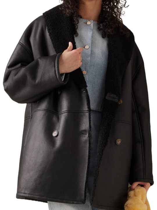 Shearling Lined Black Leather Coat