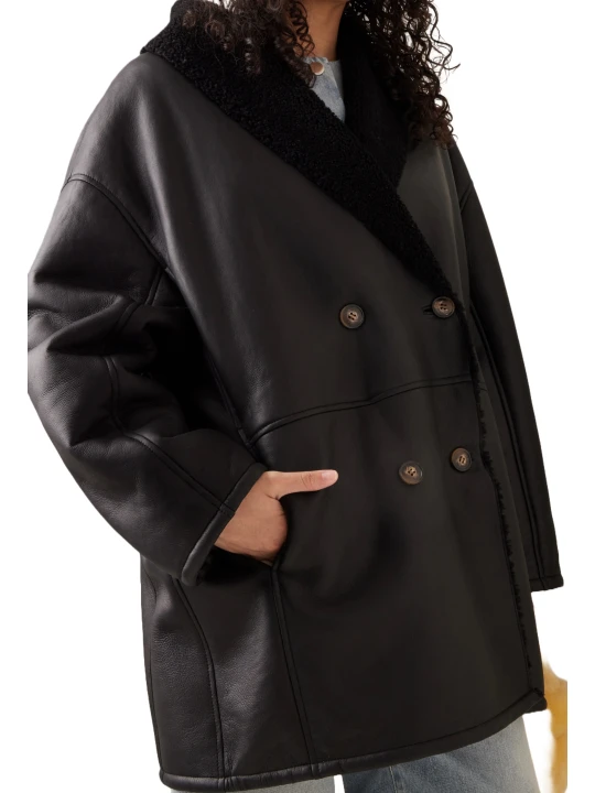 Shearling Lined Black Leather Coat